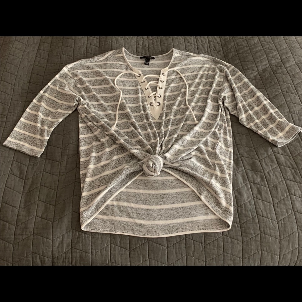 Forever 21 Sz L Grey/White Lace-Up Sweater